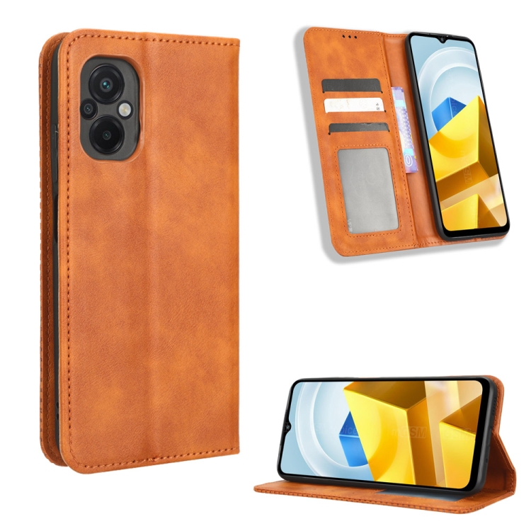 

For Xiaomi Poco M5 Magnetic Buckle Retro Texture Leather Phone Case(Brown)