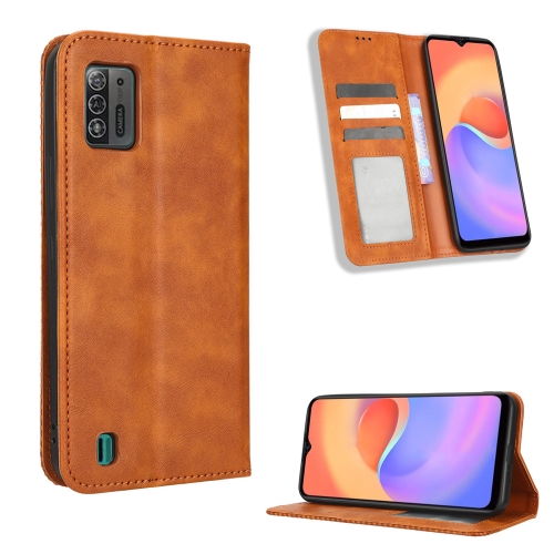 

For ZTE Blade A52 Lite Magnetic Buckle Retro Texture Leather Phone Case(Brown)