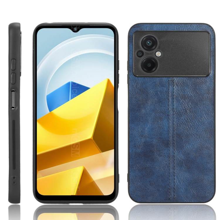 

For Xiaomi Poco M5 4G Sewing Cow Pattern Skin PC + PU + TPU Phone Case(Blue)