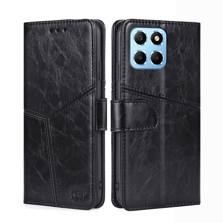 

For Honor X8 5G/X6 Geometric Stitching Horizontal Flip Leather Phone Case(Black)