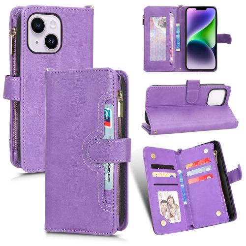

For iPhone 14 Plus Litchi Texture Zipper Leather Phone Case(Purple)