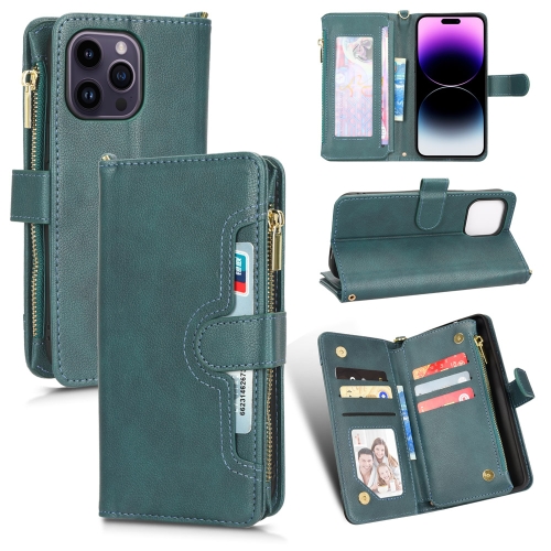 

For iPhone 14 Pro Max Litchi Texture Zipper Leather Phone Case(Green)