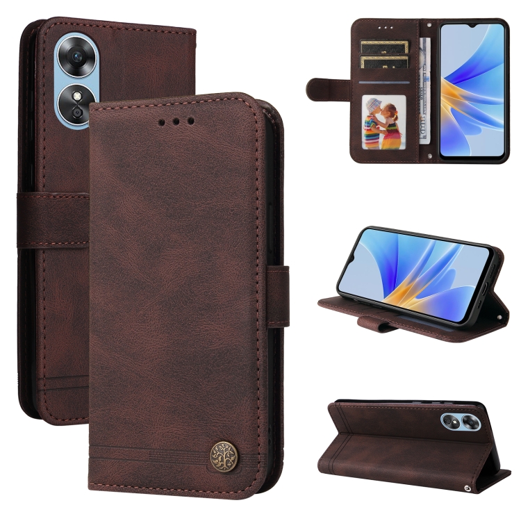 

For OPPO A17 Skin Feel Life Tree Metal Button Leather Phone Case(Brown)