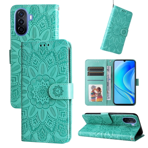 

For Huawei nova Y70 / Y70 Plus / Enjoy 50 Embossed Sunflower Leather Phone Case(Green)