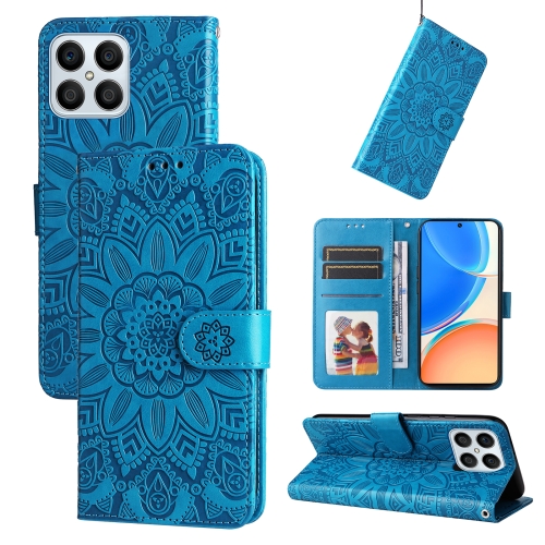 

For Honor X8 5G / X6 Embossed Sunflower Leather Phone Case(Blue)