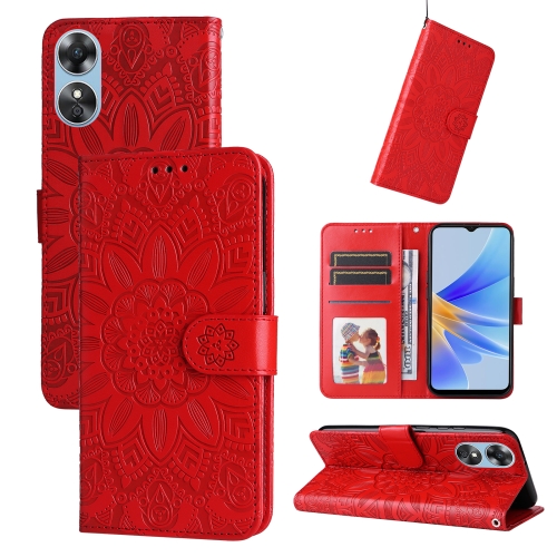 

For OPPO A17 Embossed Sunflower Leather Phone Case(Red)