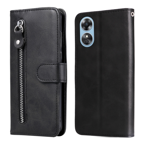 

For OPPO A17 Calf Texture Zipper Leather Phone Case(Black)