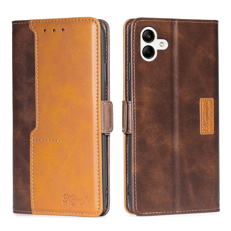 

For Samsung Galaxy A04 Contrast Color Side Buckle Leather Phone Case(Dark Brown+Gold)