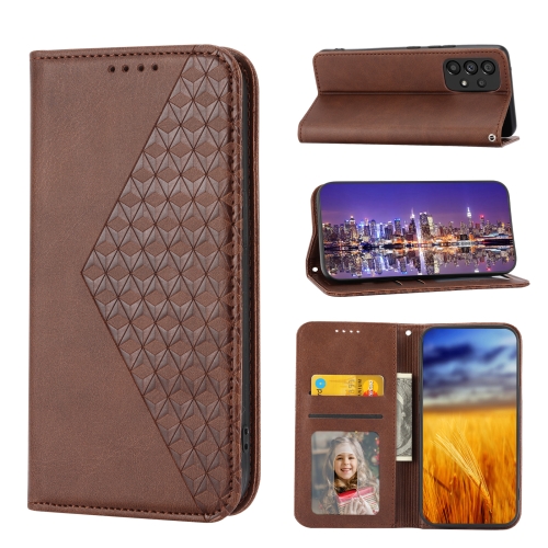 

Cubic Grid Calf Texture Magnetic Closure Leather Phone Case For Xiaomi Redmi Note 10 4G/Note 10S 4G/Poco M5s 4G/Note 11SE India(Brown)