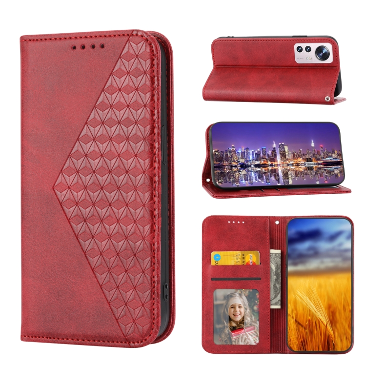 

For Xiaomi 12 Pro/12S Pro Cubic Grid Calf Texture Magnetic Closure Leather Phone Case(Red)