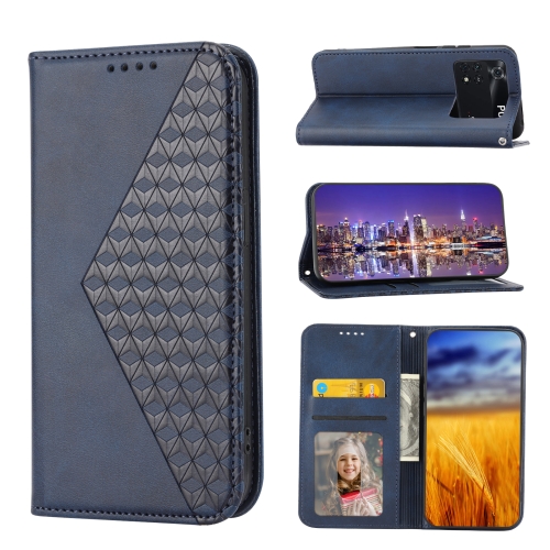 

For Xiaomi Poco X4 Pro 5G Global Cubic Grid Calf Texture Magnetic Closure Leather Phone Case(Blue)
