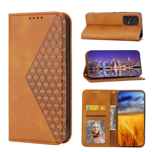 

For Samsung Galaxy A23 4G/5G/M13 4G/F23/M23 5G Cubic Grid Calf Texture Magnetic Closure Leather Phone Case(Yellow)