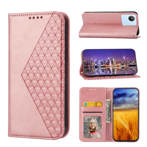 

For Realme 9 Pro 5G/V25/Q5 5G/OnePlus Nord CE 2 Lite Cubic Grid Calf Texture Magnetic Closure Leather Phone Case(Rose Gold)