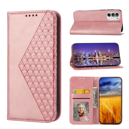 

For Motorola Moto G22 4G/E32s Cubic Grid Calf Texture Magnetic Closure Leather Phone Case(Rose Gold)