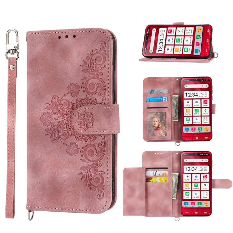 

For Sharp Simple Sumaho 6 Skin-feel Flowers Embossed Wallet Leather Phone Case(Pink)