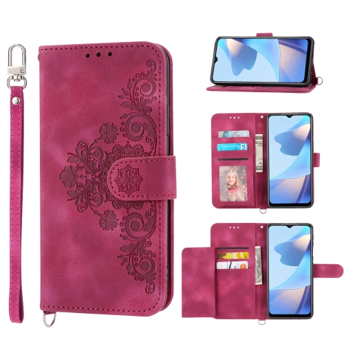 

For Sharp Aquos sense 4 Skin-feel Flowers Embossed Wallet Leather Phone Case(Wine Red)