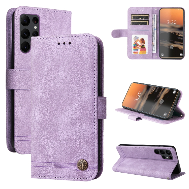 

For Samsung Galaxy S23 Ultra 5G Skin Feel Life Tree Metal Button Leather Phone Case(Purple)