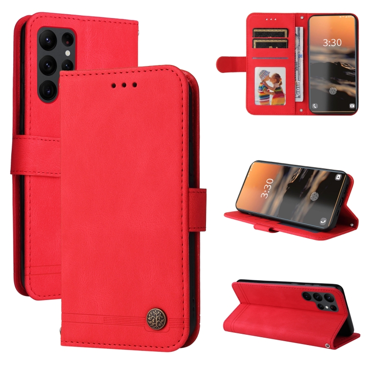 

For Samsung Galaxy S23 Ultra 5G Skin Feel Life Tree Metal Button Leather Phone Case(Red)