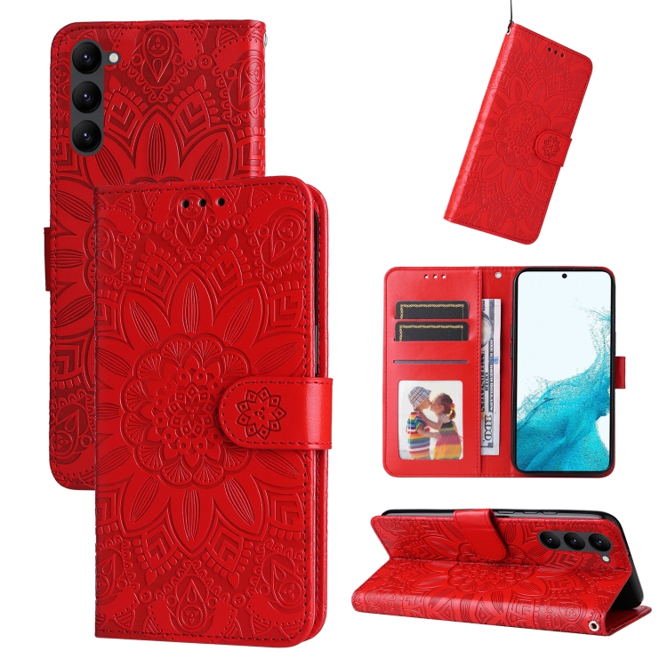 

For Samsung Galaxy S23 5G Embossed Sunflower Leather Phone Case(Red)