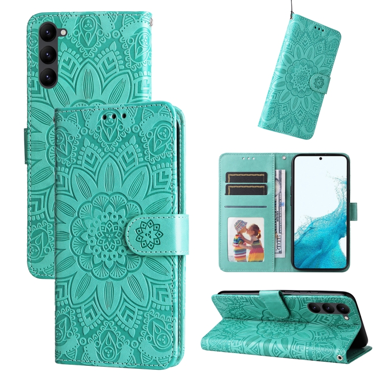 

For Samsung Galaxy S23+ 5G Embossed Sunflower Leather Phone Case(Green)