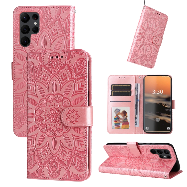 

For Samsung Galaxy S23 Ultra 5G Embossed Sunflower Leather Phone Case(Pink)