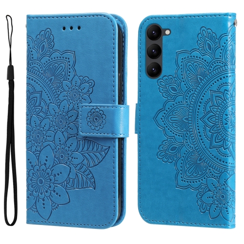 

For Samsung Galaxy S23 5G 7-petal Flowers Embossing Leather Phone Case(Blue)