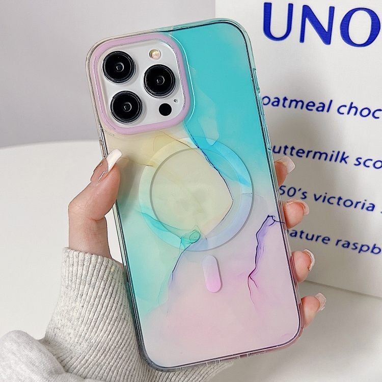 

For iPhone 14 Marble Dual-side Laminating Magsafe Phone Case(Pink Green)