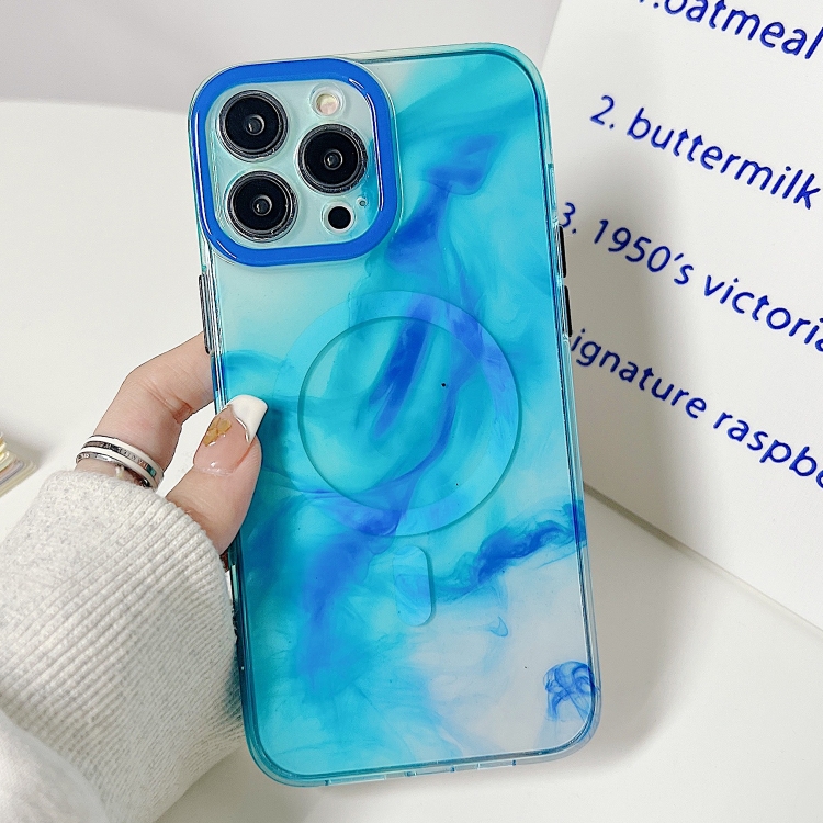 

For iPhone 14 Marble Dual-side Laminating Magsafe Phone Case(Sky Blue)