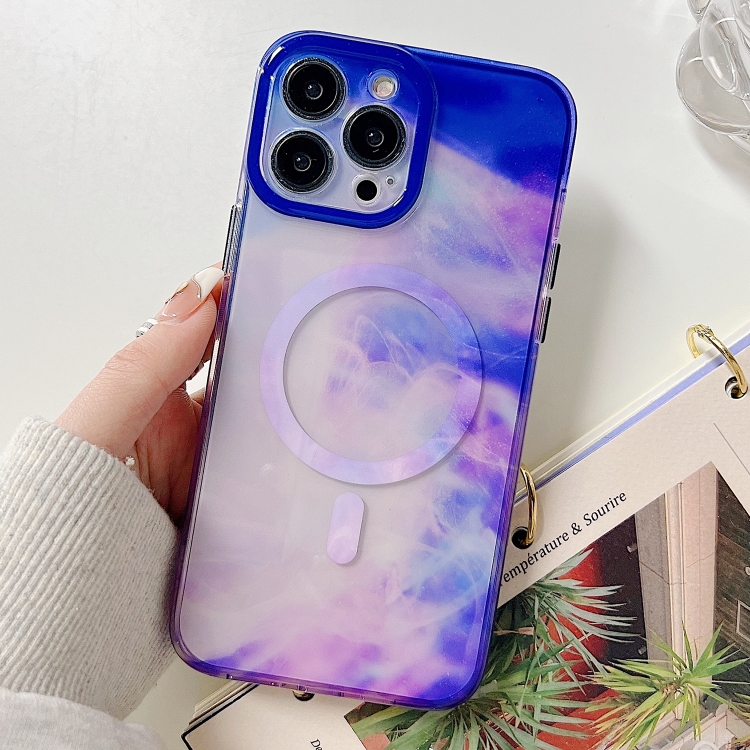 

For iPhone 14 Pro Marble Dual-side Laminating Magsafe Phone Case(White Blue)