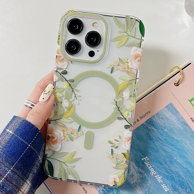 

For iPhone 14 Flowers Dual-side Laminating Magsafe Phone Case(Green)