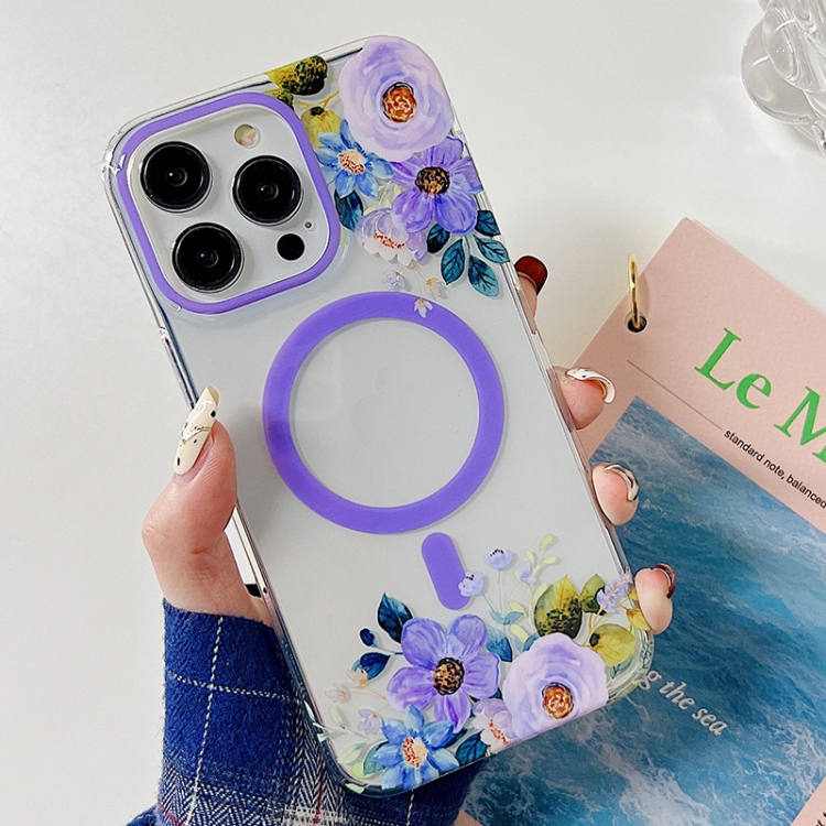 

For iPhone 14 Plus Flowers Dual-side Laminating Magsafe Phone Case(Purple)