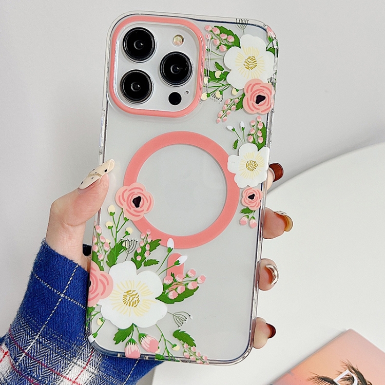 

For iPhone 14 Pro Max Flowers Dual-side Laminating Magsafe Phone Case(Pink)
