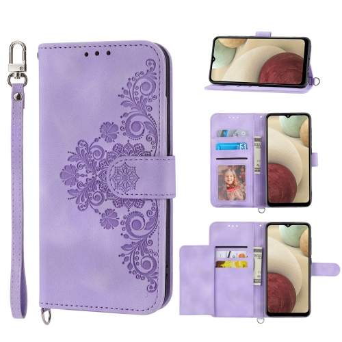 

For Samsung Galaxy A22 4G Skin-feel Flowers Embossed Wallet Leather Phone Case(Purple)