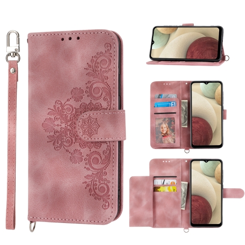 

For Samsung Galaxy A12 5G/M12 Skin-feel Flowers Embossed Wallet Leather Phone Case(Pink)