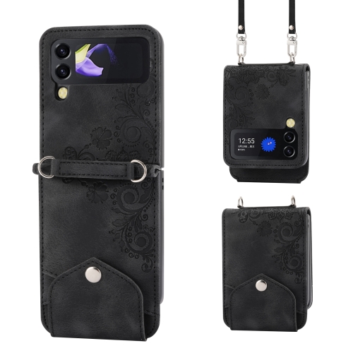 

For Samsung Galaxy Z Flip4 Skin-feel Flowers Embossed Wallet Leather Phone Case(Black)