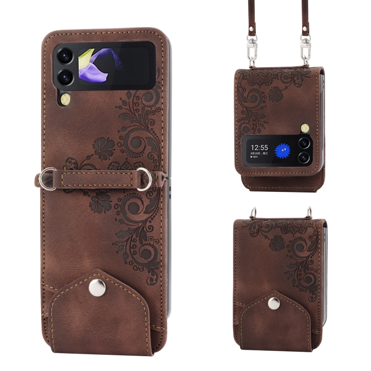 

For Samsung Galaxy Z Flip3 5G Skin-feel Flowers Embossed Wallet Leather Phone Case(Brown)