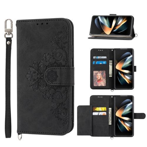 

For Samsung Galaxy Z Fold4 Skin-feel Flowers Embossed Wallet Leather Phone Case(Black)