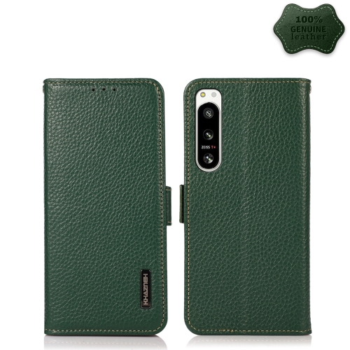 

For Sony Xperia 5 IV KHAZNEH Side-Magnetic Litchi Genuine Leather RFID Case(Green)