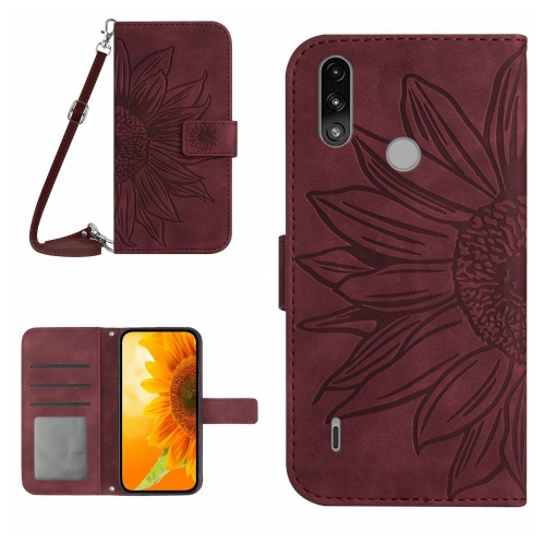 

For Motorola Moto E7 Power/E7i Power Skin Feel Sun Flower Pattern Flip Leather Phone Case with Lanyard(Wine Red)