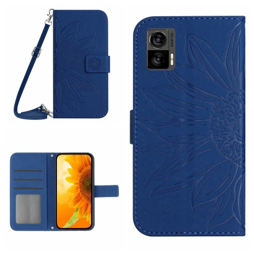 

For Motorola Moto Edge 30 Neo Skin Feel Sun Flower Pattern Flip Leather Phone Case with Lanyard(Dark Blue)