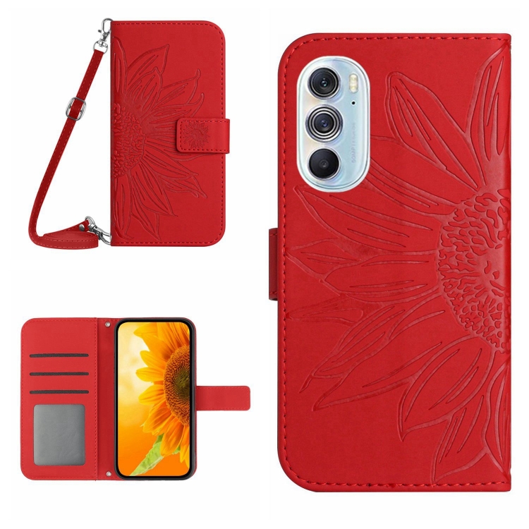 

For Motorola Moto Edge 30 Pro Skin Feel Sun Flower Pattern Flip Leather Phone Case with Lanyard(Red)