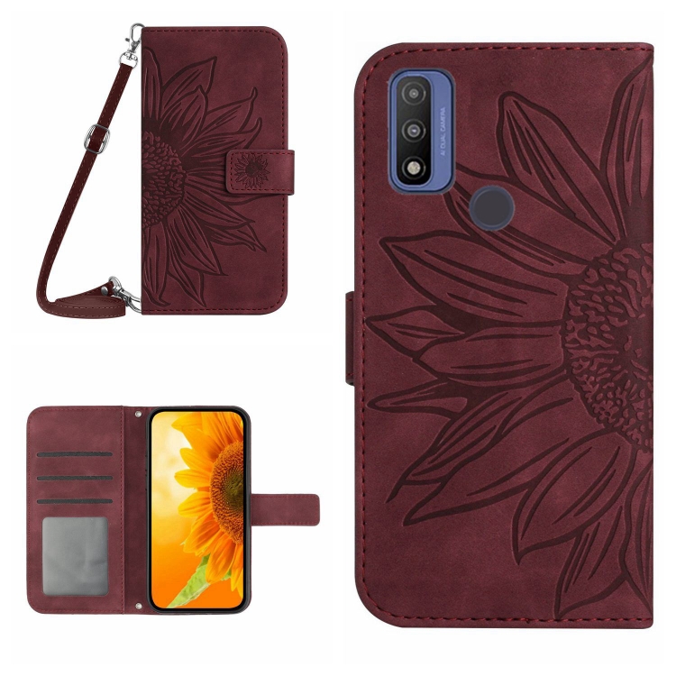 

For Motorola Moto G Pure 2021 Skin Feel Sun Flower Pattern Flip Leather Phone Case with Lanyard(Wine Red)