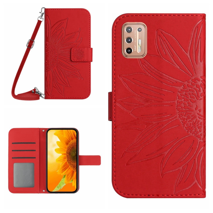 

For Motorola Moto G9 Plus Skin Feel Sun Flower Pattern Flip Leather Phone Case with Lanyard(Red)