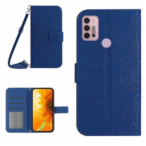 

For Motorola Moto G10/G20/G30 Skin Feel Sun Flower Pattern Flip Leather Phone Case with Lanyard(Dark Blue)