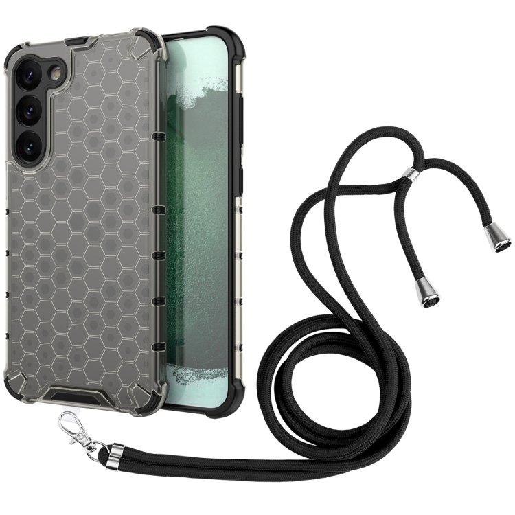 

For Samsung Galaxy S23+ 5G Lanyard Honeycomb Phone Case(Black)