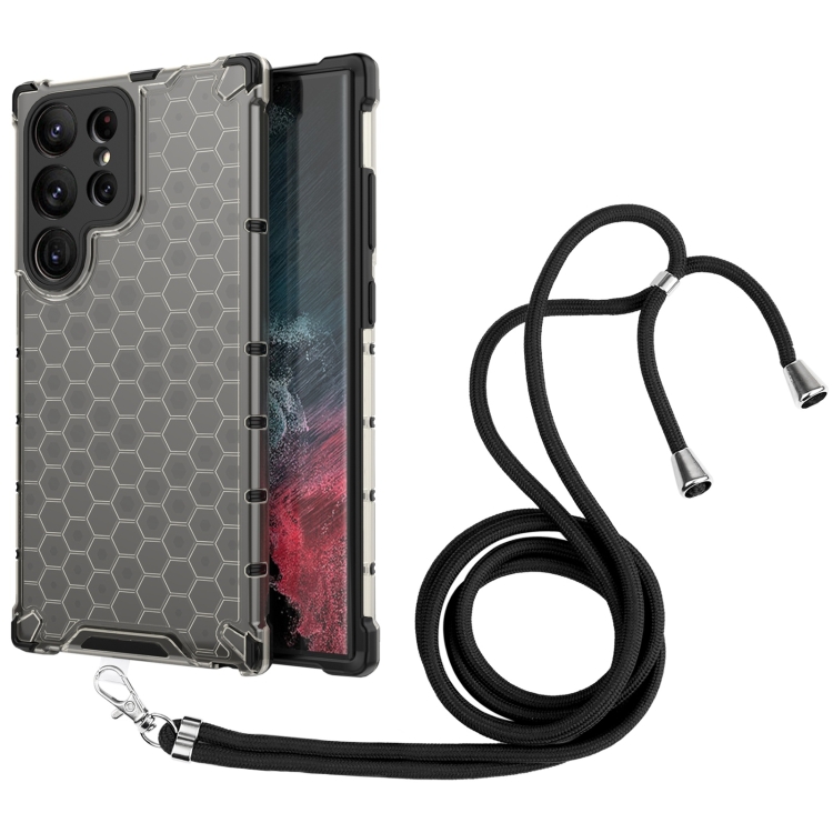 

For Samsung Galaxy S23 Ultra 5G Lanyard Honeycomb Phone Case(Black)