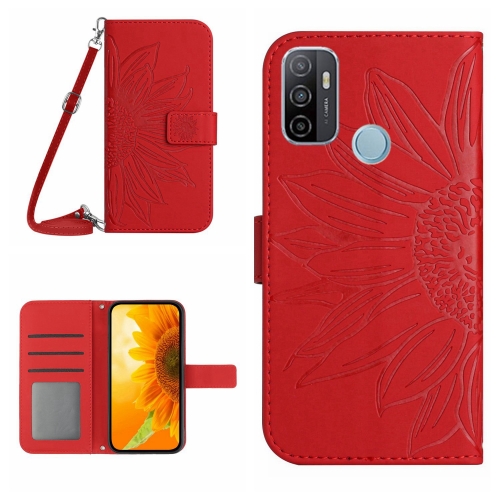 

For OPPO A53 4G/A32/A33 2020/A53S Skin Feel Sun Flower Pattern Flip Leather Phone Case with Lanyard(Red)