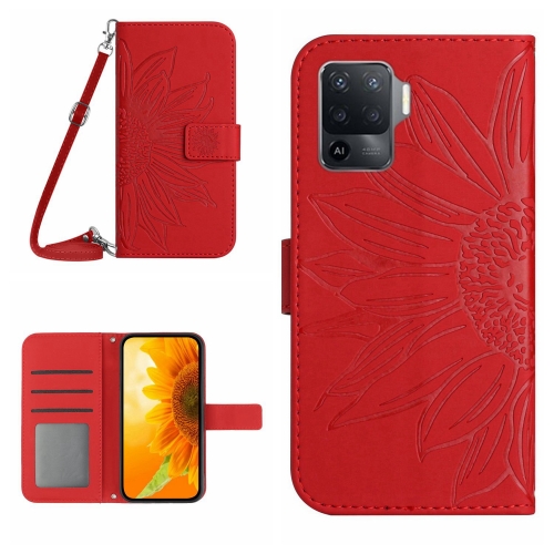 

For OPPO A54 4G/A16 4G Skin Feel Sun Flower Pattern Flip Leather Phone Case with Lanyard(Red)