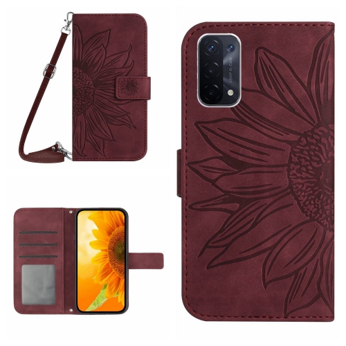 

For OPPO A54 5G/A74 5G/A93 5G/A93S 5G Skin Feel Sun Flower Pattern Flip Leather Phone Case with Lanyard(Wine Red)