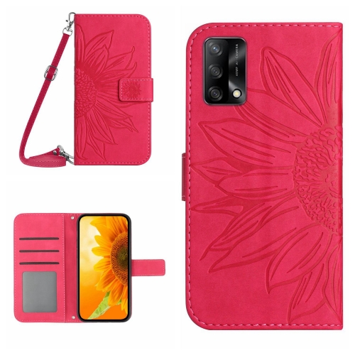 

For OPPO A74 4G Skin Feel Sun Flower Pattern Flip Leather Phone Case with Lanyard(Rose Red)